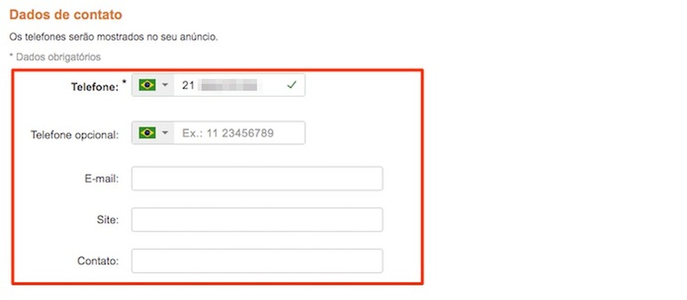 Tela para adicionar informa;cões de contato para um anúncio de serviço no Mercado Livre — Foto: Reprodução/Marvin Costa