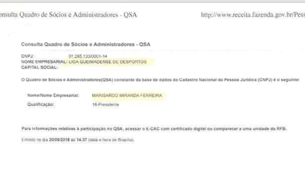 Chapa de Michelle juntou ao pedido de impugnaÃ§Ã£o documento que mostra o presidente da Liga Queimadense de Desportos â Foto: ReproduÃ§Ã£o