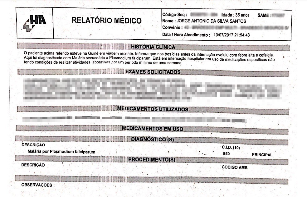 Relatório médico do cantor Tony Salles, diagnosticado com malária (Foto: Divulgação) Relatório médico do cantor Tony Salles, diagnosticado com malária (Foto: Divulgação)