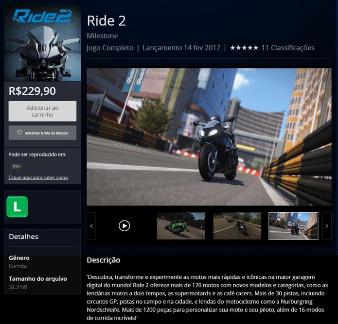 Página de Ride 2 na PlayStation Store (Foto: Reprodução/André Mello)