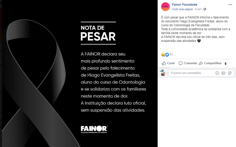 Faculdade que Hiago Evangelista Freitas estudava odontologia decretou luto oficial de três dias — Foto: Reprodução/Redes Sociais