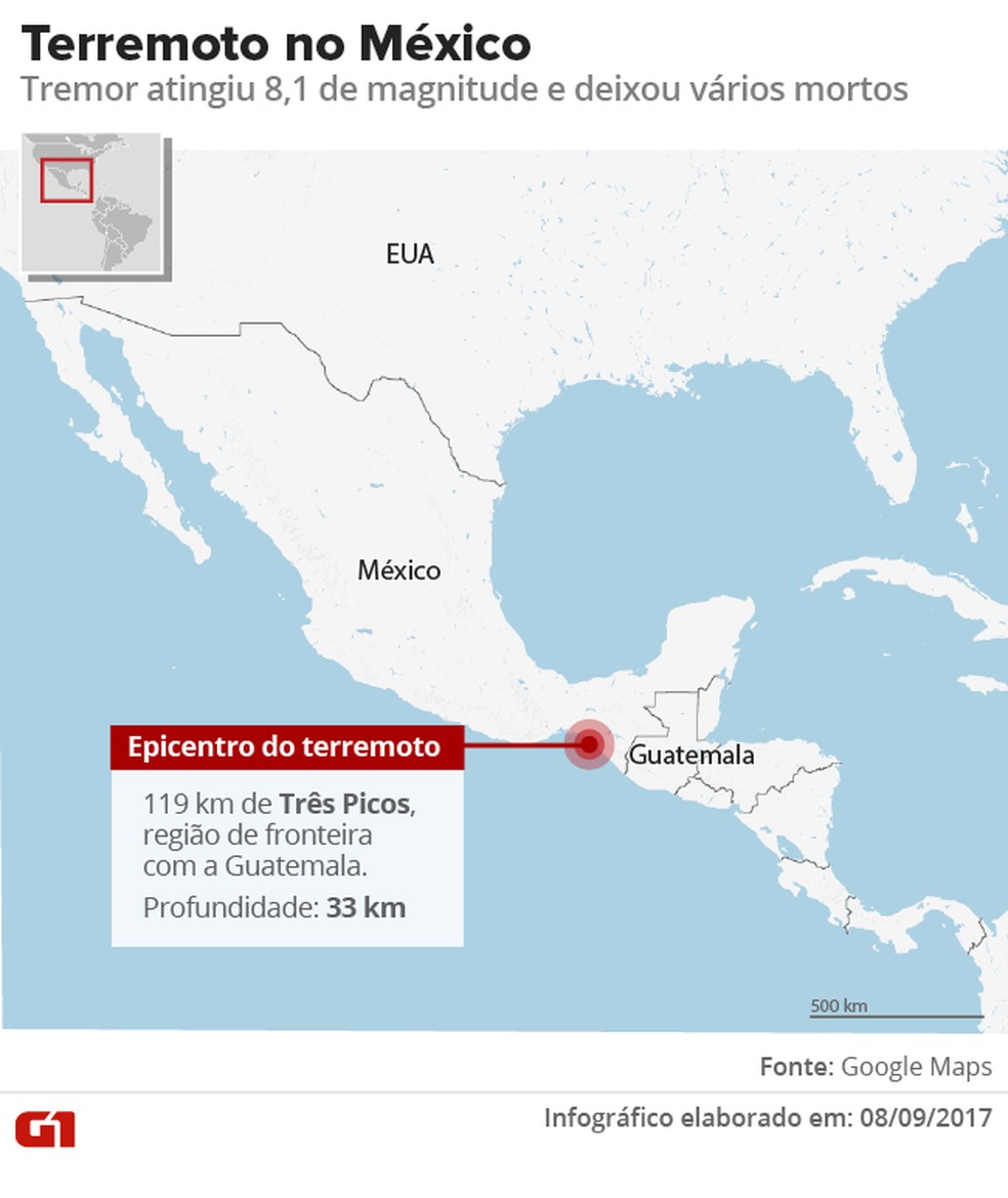Mapa do USGS mostra local do terremoto na costa do México. (Foto: ARTE/G1)