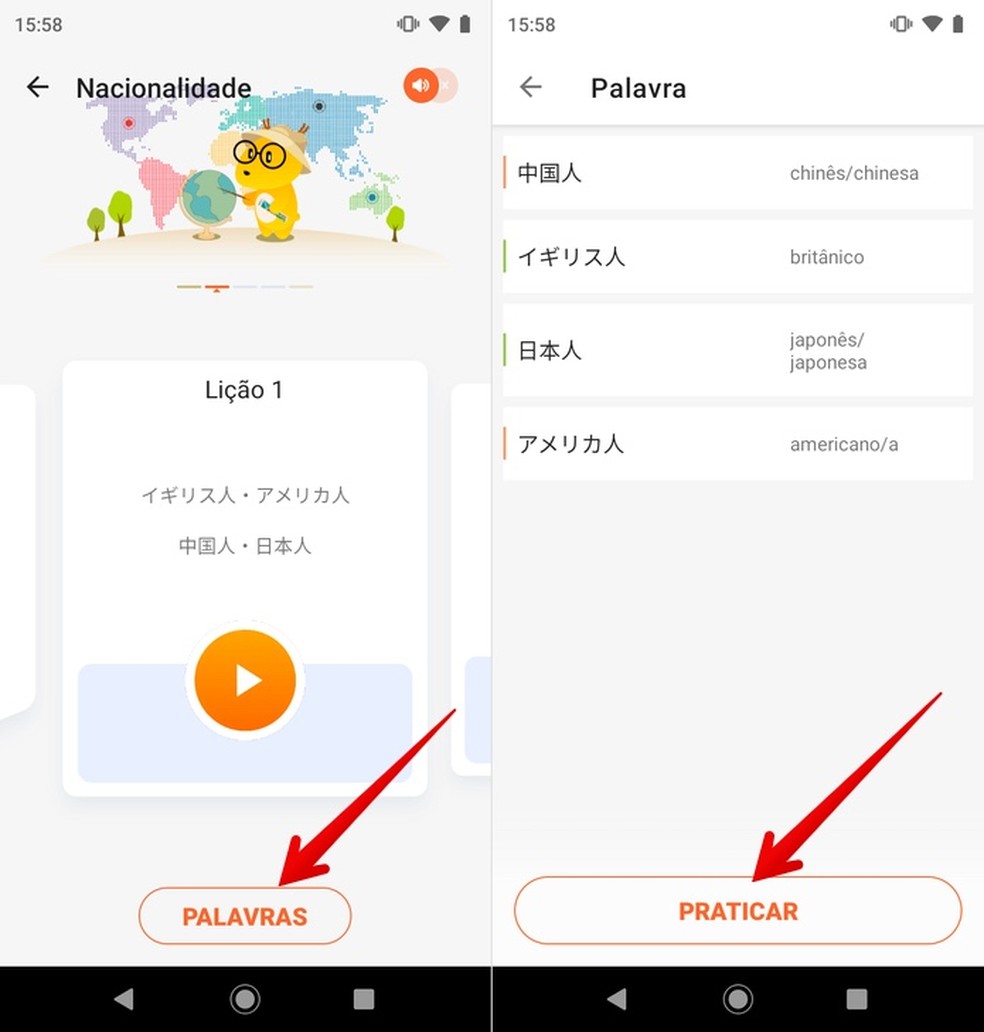 Acessando lista de palavras para estudar e aprender japonês — Foto: Reprodução/Helito Beggiora