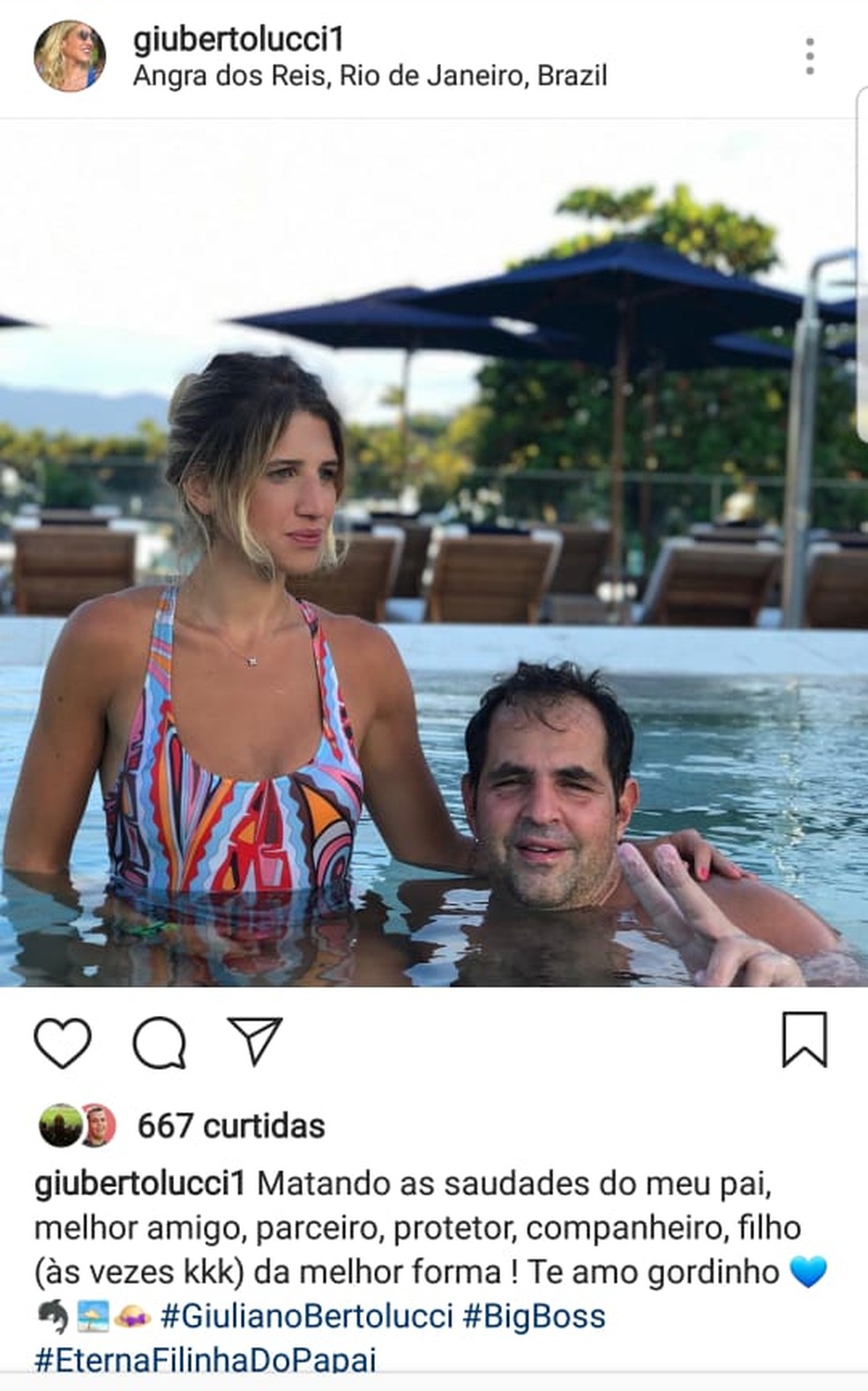 Giulia Bertolucci comemorou retorno do pai ao Brasil e entrou na torcida por volta de Tardelli ao Galo &mdash; Foto: Reprodu&ccedil;&atilde;o/Internet