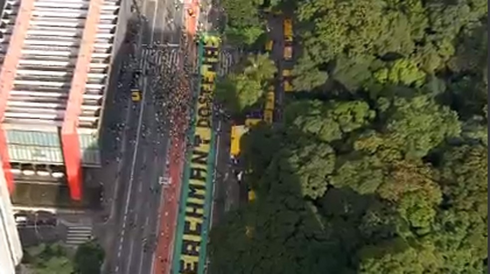 Manifestantes a favor da Lava Jato se reuniu em frente ao Museu de Arte de São Paulo (Masp), na Avenida Paulista — Foto: Reprodução/TV Globo