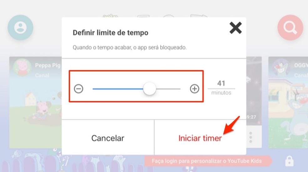 Tela de configuração da função timer do app YouTube Kids — Foto: Reprodução/Marvin Costa