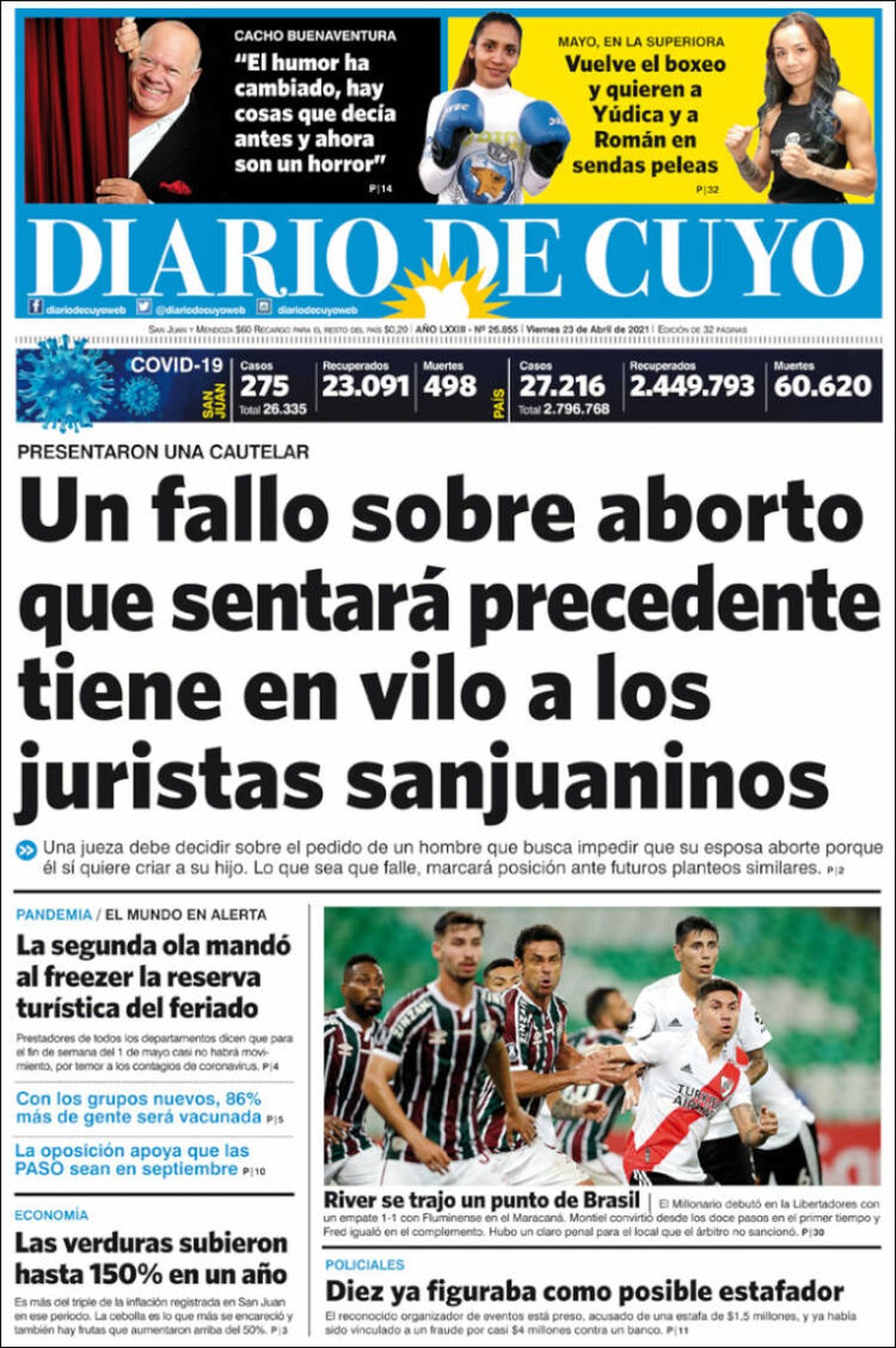 Jornal Diario de Cuyo após Fluminense x River Plate — Foto: Divulgação