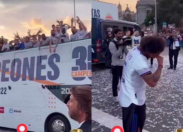 À esquerda, jogadores do Real Madrid no topo do ônibus gritam Marcelo; à direita, Marcelo se emociona com homenagem (Foto: Reprodução/Instagram)