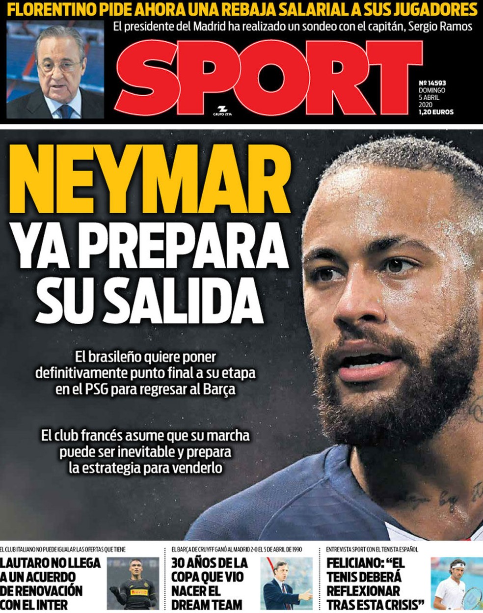Neymar é capa do "Sport", que diz que atacante prepara sua saída do PSG — Foto: Reprodução/Sport