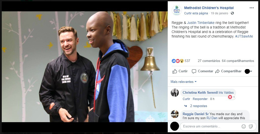 Justin Timberlake visita crianças internadas em hospital (Foto: Methodist Children's Hospital / Facebook)
