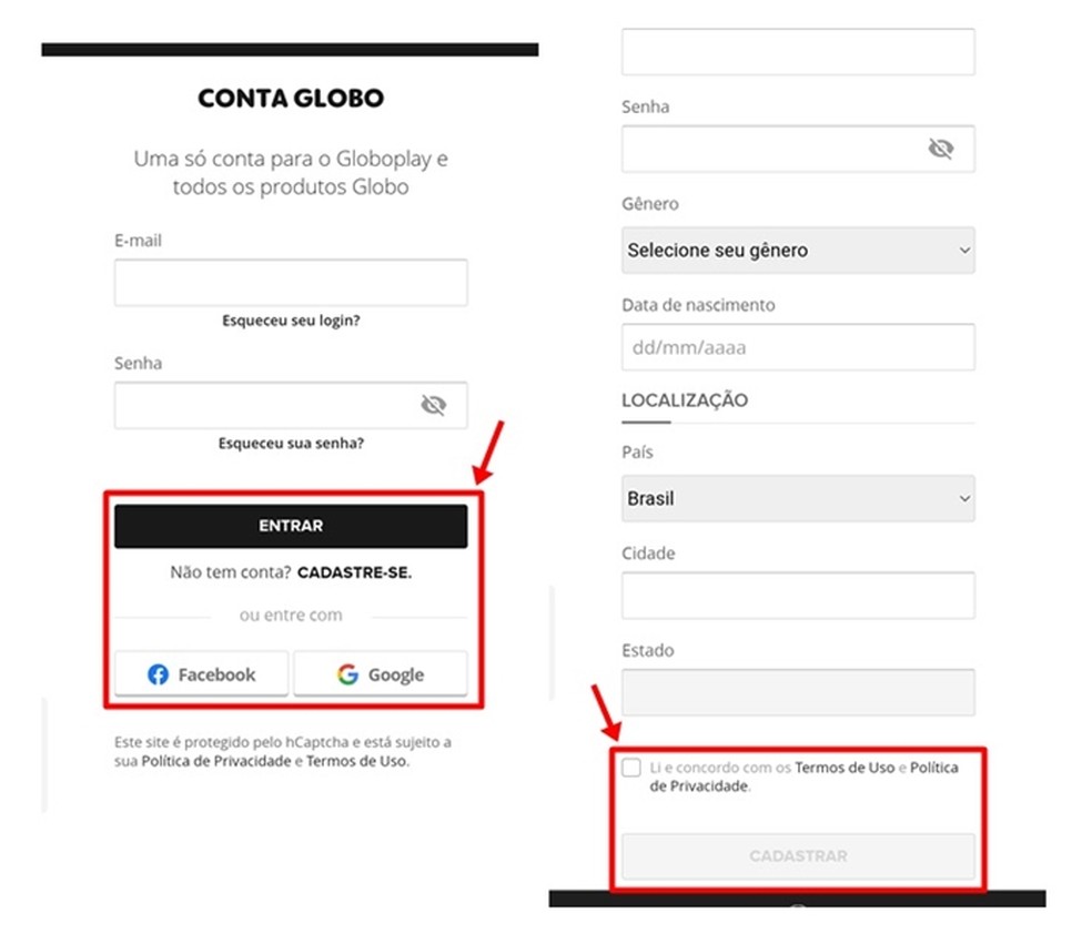 Eleitor pode fazer login ou cadastro no Globoplay ao preencher seus dados pessoais ou de contas Facebook ou Google — Foto: Reprodução/Gabriela Andrade