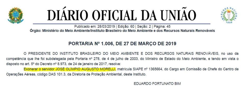 Exoneração de servidor do Ibama que em 2012 multou Jair Bolsonaro por pesca ilegal está no Diário Oficial da União desta quinta (28). — Foto: Diário Oficial da União/Reprodução