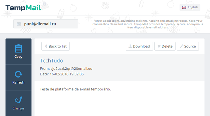 Temp Mail tem visual bonito e permite baixar suas mensagens (Foto: Reprodução/Paulo Alves)