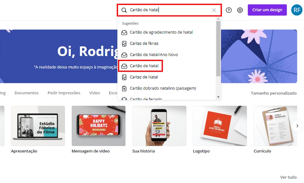 Canva encontra modelos prontos a partir da busca do usuário — Foto: Reprodução/Rodrigo Fernandes