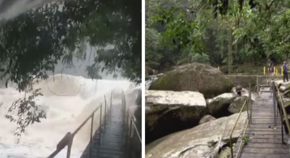Fotos mostram rio antes e depois de passagem de cabeça d'água — Foto: Reprodução