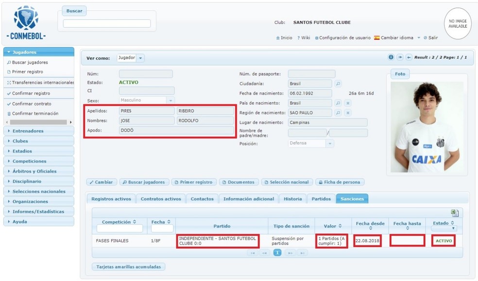 Sistema da Conmebol mostra suspensÃ£o de DodÃ´ um dia apÃ³s cartÃ£o vermelho recebido pelo jogador (Foto: reproduÃ§Ã£o)