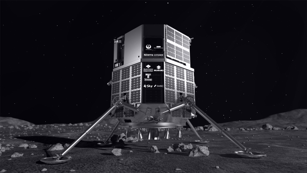 Imagem de concepção artística ilustra a Hakuto-R na superfície da Lua — Foto: ispace/divulgação