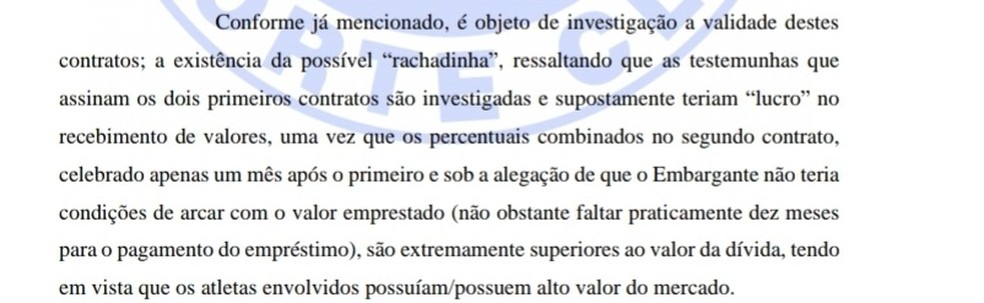 Trecho de "poss&iacute;vel rachadinha" citado em documento do Cruzeiro, como defesa na Justi&ccedil;a &mdash; Foto: Reprodu&ccedil;&atilde;o