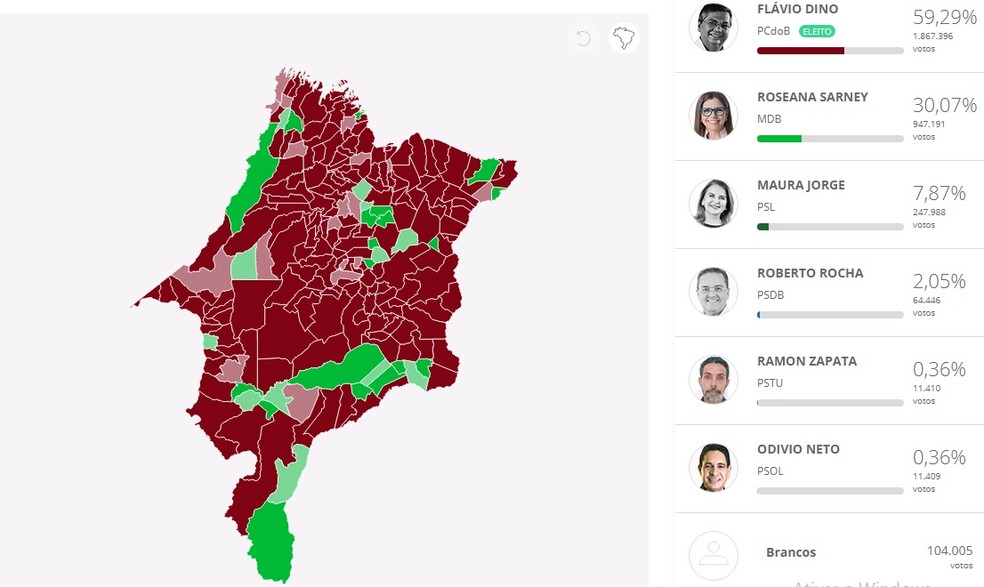 Em vermelho, cidades onde Flávio Dino venceu. De verde, cidades onde Roseana Sarney venceu no 1º turno das eleições no Maranhão — Foto: Arte/G1