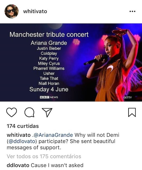 A revelação de Demi Lovato de que não foi convidada a participar da homenagem às vítimas do atentado no show de Ariana Grande em Manchester (Foto: Instagram)