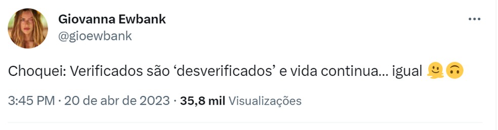 Giovana Ewbank também perdeu o verificado — Foto: Reprodução