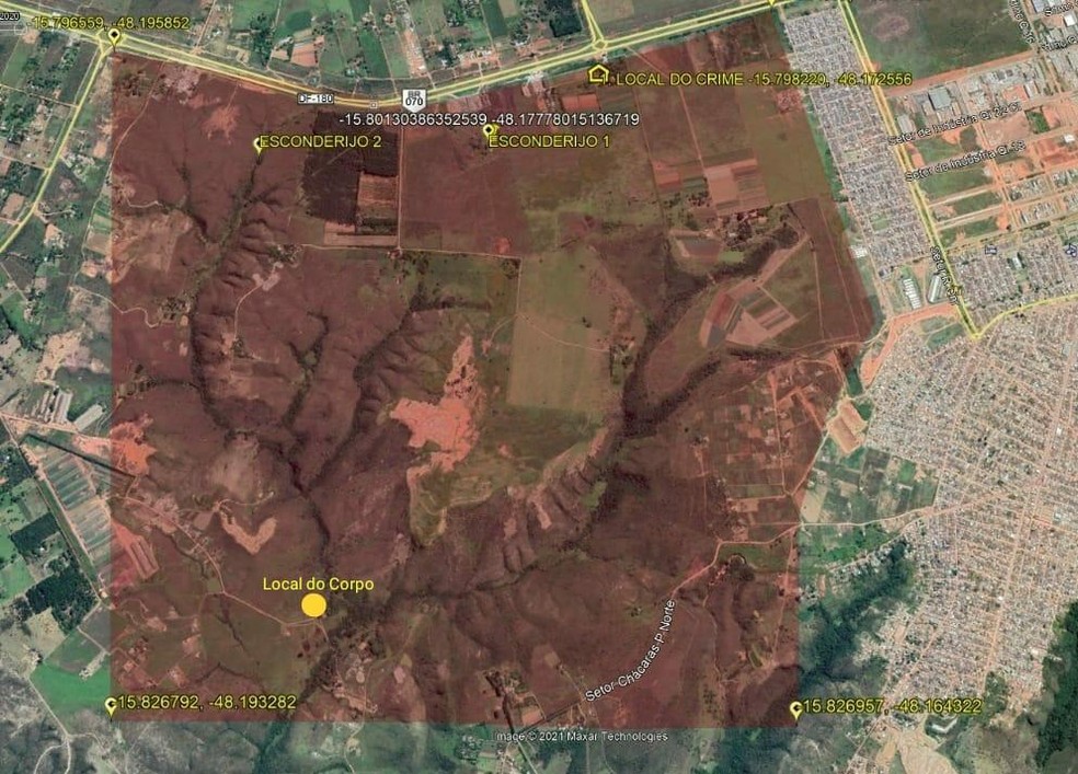 Mapa mostra dois esconderijos de Lázaro Barbosa de Sousa e local onde corpo de Cleonice foi encontrado, no DF — Foto: PCDF / Reprodução