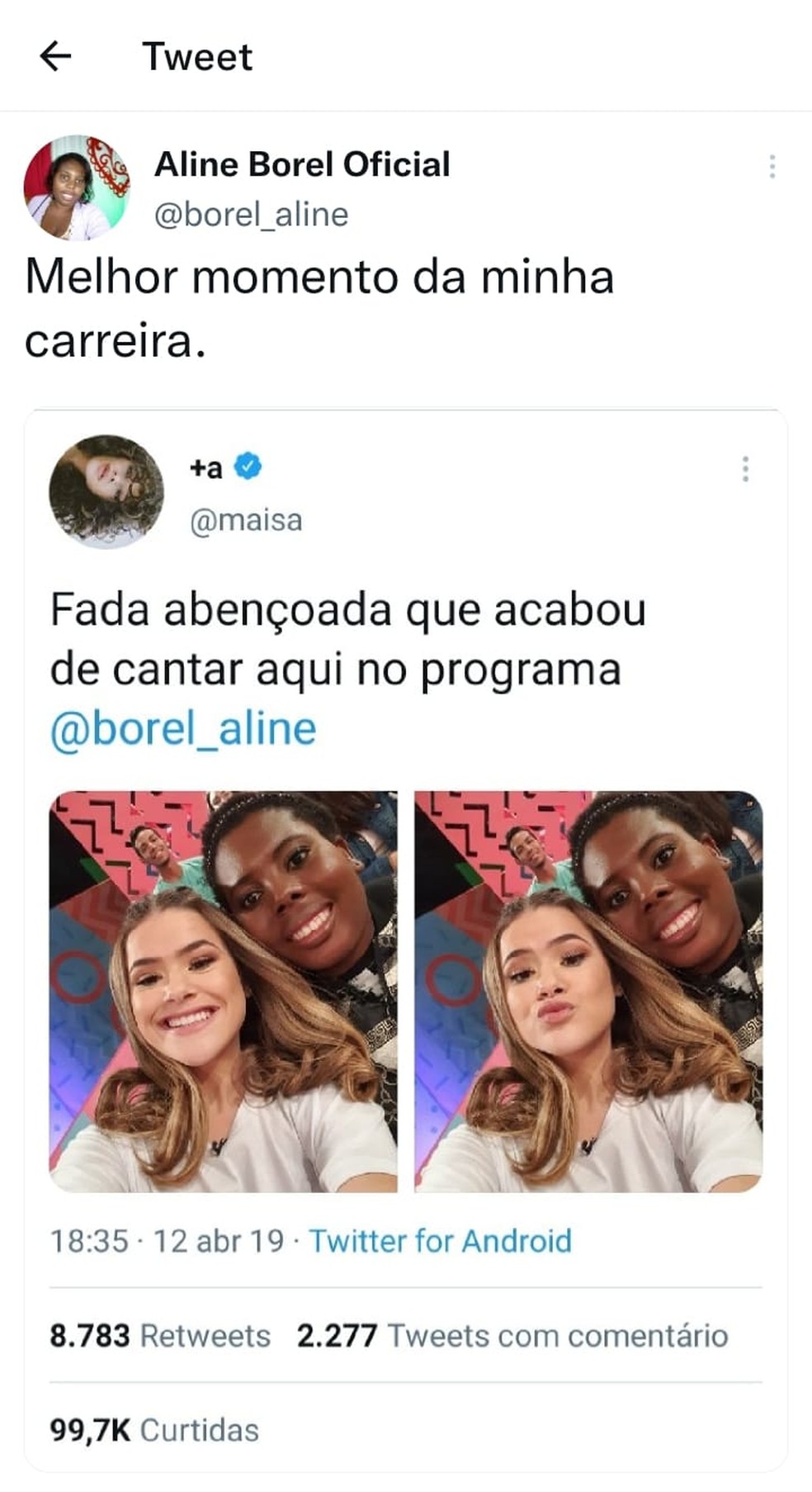 Aline Borel compartilhou tweet em 2021 relembrando encontro com Maisa Silva — Foto: Reprodução/Twitter