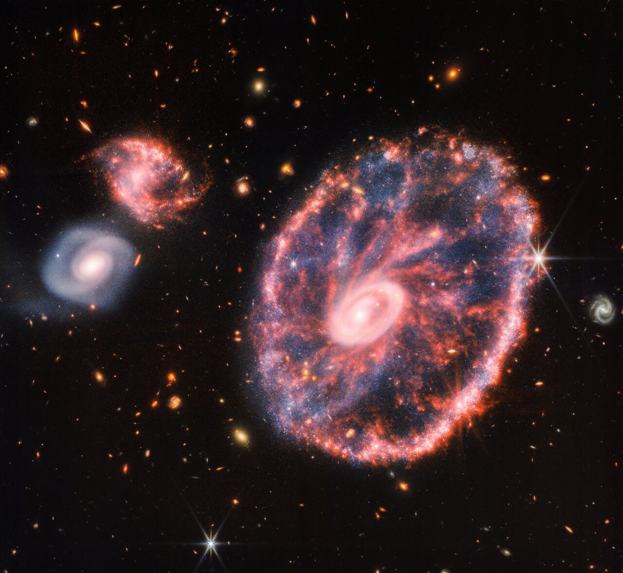 Galáxia Cartwheel se formou como resultado de uma colisão de alta velocidade que ocorreu há cerca de 400 milhões de anos (Foto:  NASA, ESA, CSA, STScI)