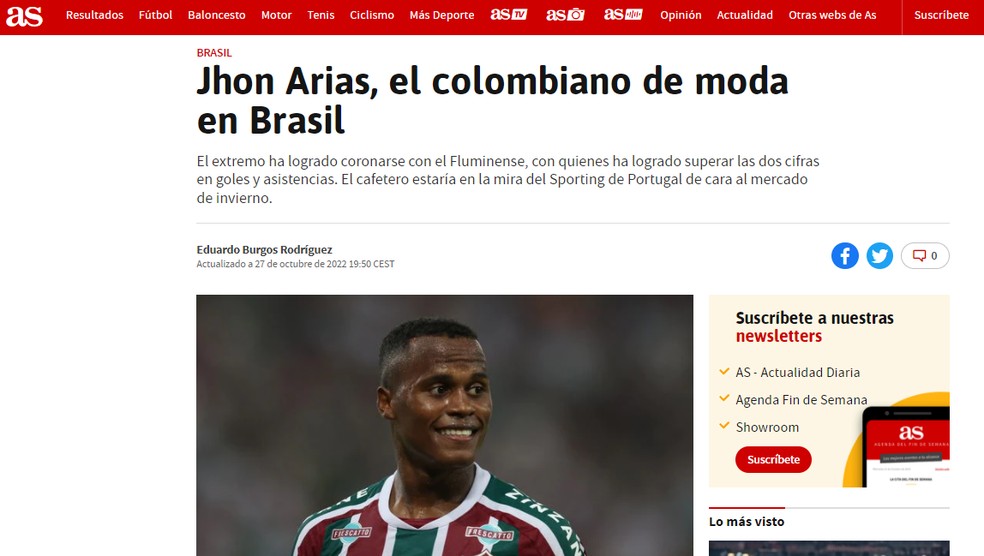 Arias foi destaque no site do jornal "As" — Foto: Reprodução