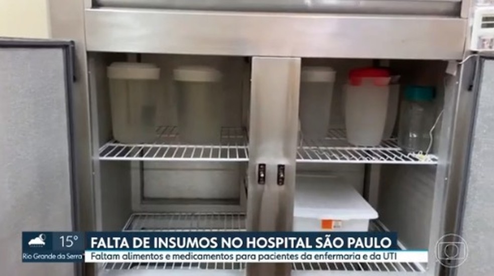 Geladeiras vazias do Hospital São Paulo, sem a alimentação necessária para pacientes em UTI. — Foto: Reprodução/TV Globo