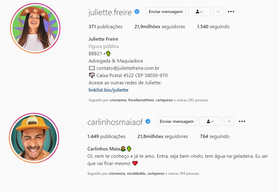 Juliette ultrapassa número de seguidores do humorista Carlinhos Maia (Foto: Reprodução)