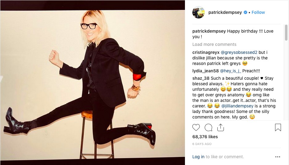 O parabéns do ator Patrick Dempsey para a esposa que foi alvo de críticas por parte dos fãs de Grey's Anatomy (Foto: Instagram)