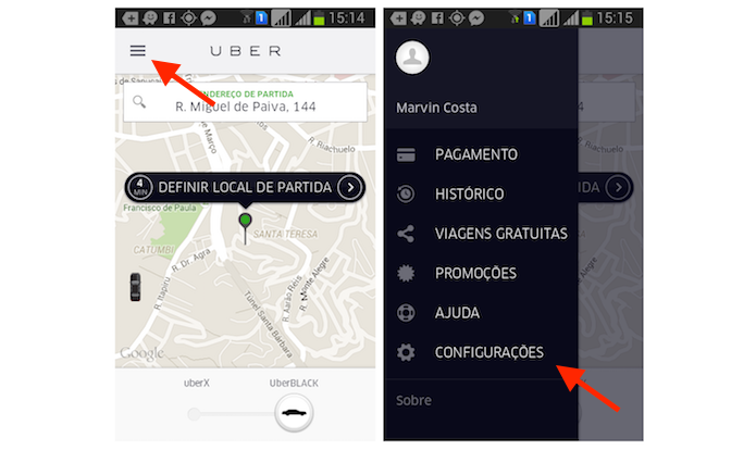 Acessando as configurações do Uber no Android (Foto: Reprodução/Marvin Costa)