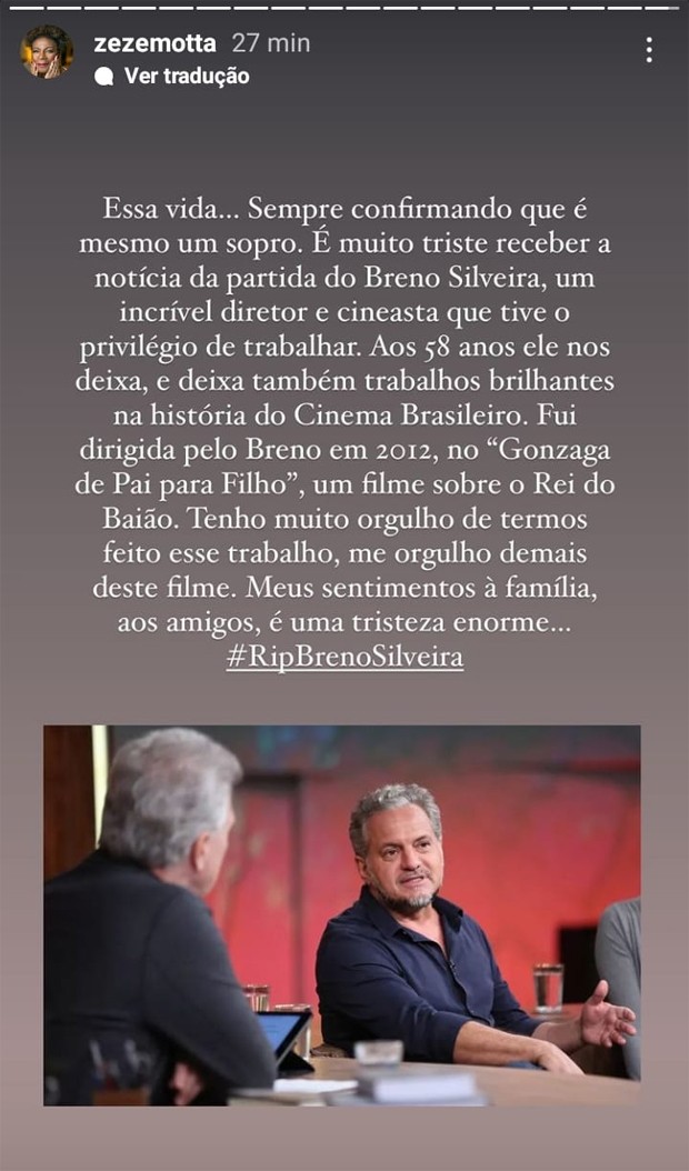 Zezé Motta homenageou Breno Silveira (Foto: Reprodução / Instagram)