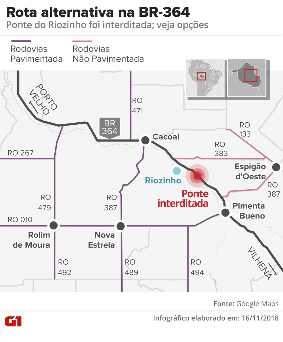 Mapa mostra rota alternativa demarcada após interdição de ponte na BR-364.  — Foto: Infográfico: Karina Almeida/G1