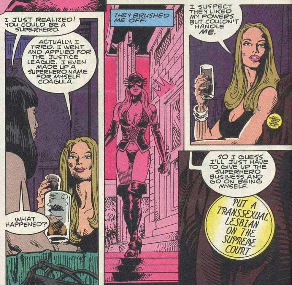 Coagula, criada por Rachel Pollack, foi a primeira super-heroína trans da DC.  — Foto: Reprodução/DC Comics