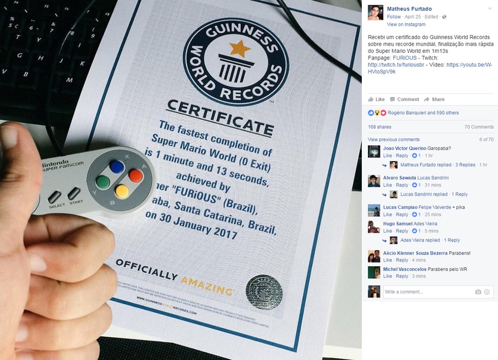 Brasileiro Matheus Furtado entrou para o Guinness por recorde mundial no game 'Super Mario World' (Foto: Reprodução/Facebook)