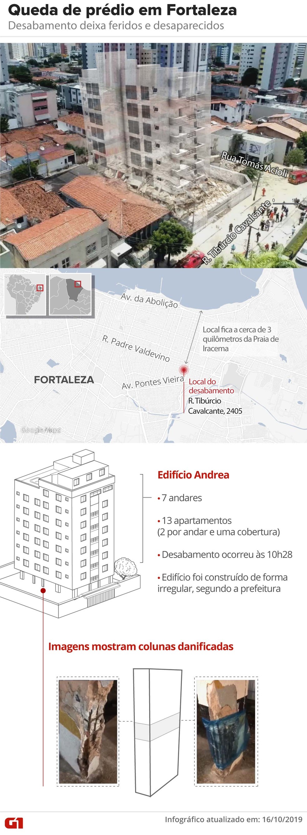 Mapa mostra localização do Edifício Andrea, que desabou nesta terça-feira em Fortaleza — Foto: Juliane Souza/ G1