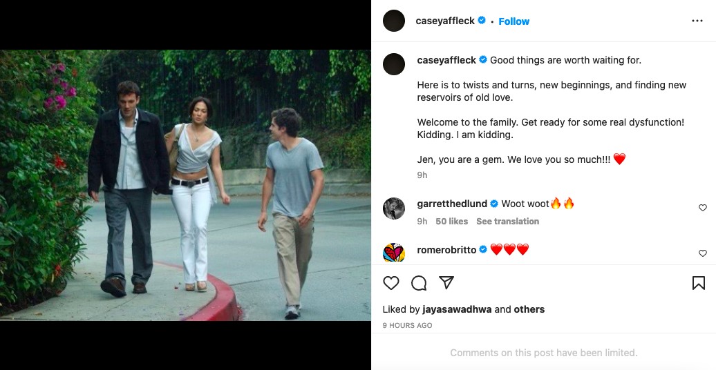 O post de Casey Affleck celebrando o casamento de Ben Affleck e Jennifer Lopez  (Foto: Instagram)