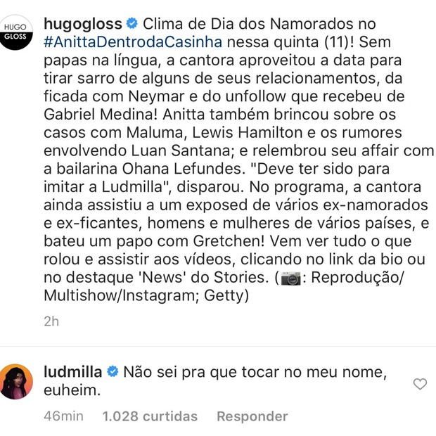 Ludmilla sobre Anitta em programa na TV (Foto: Reprodução/Instagram)