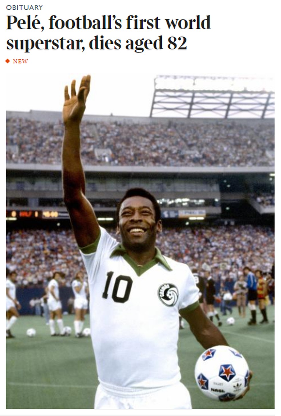 Capa do The Times para morte de Pelé — Foto: Reprodução