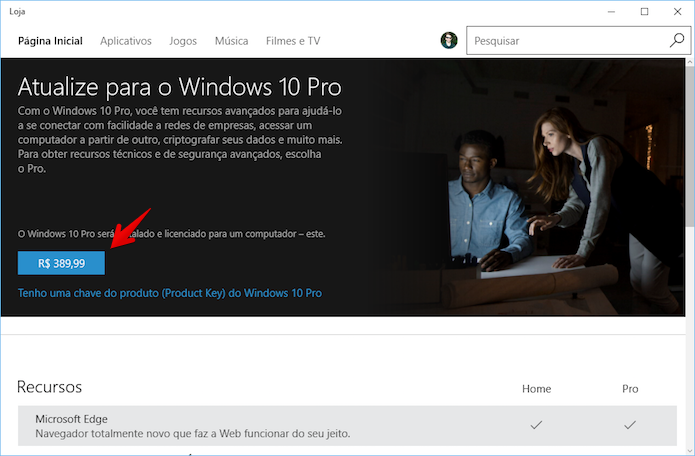 Adquirindo licença para o Windows 10 Pro (Foto: Reprodução/Helito Bijora) 