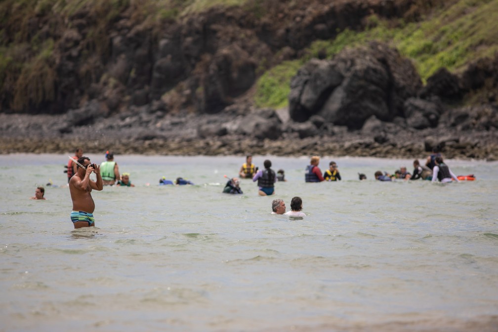 Turistas fazem snorkel na Praia do Sueste, em Fernando de Noronha — Foto: Fábio Tito/G1