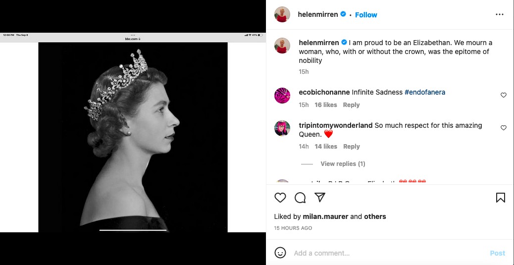 O post de Helen Mirren lamentando a morte da Rainha Elizabeth II (1926-2022) (Foto: Instagram)