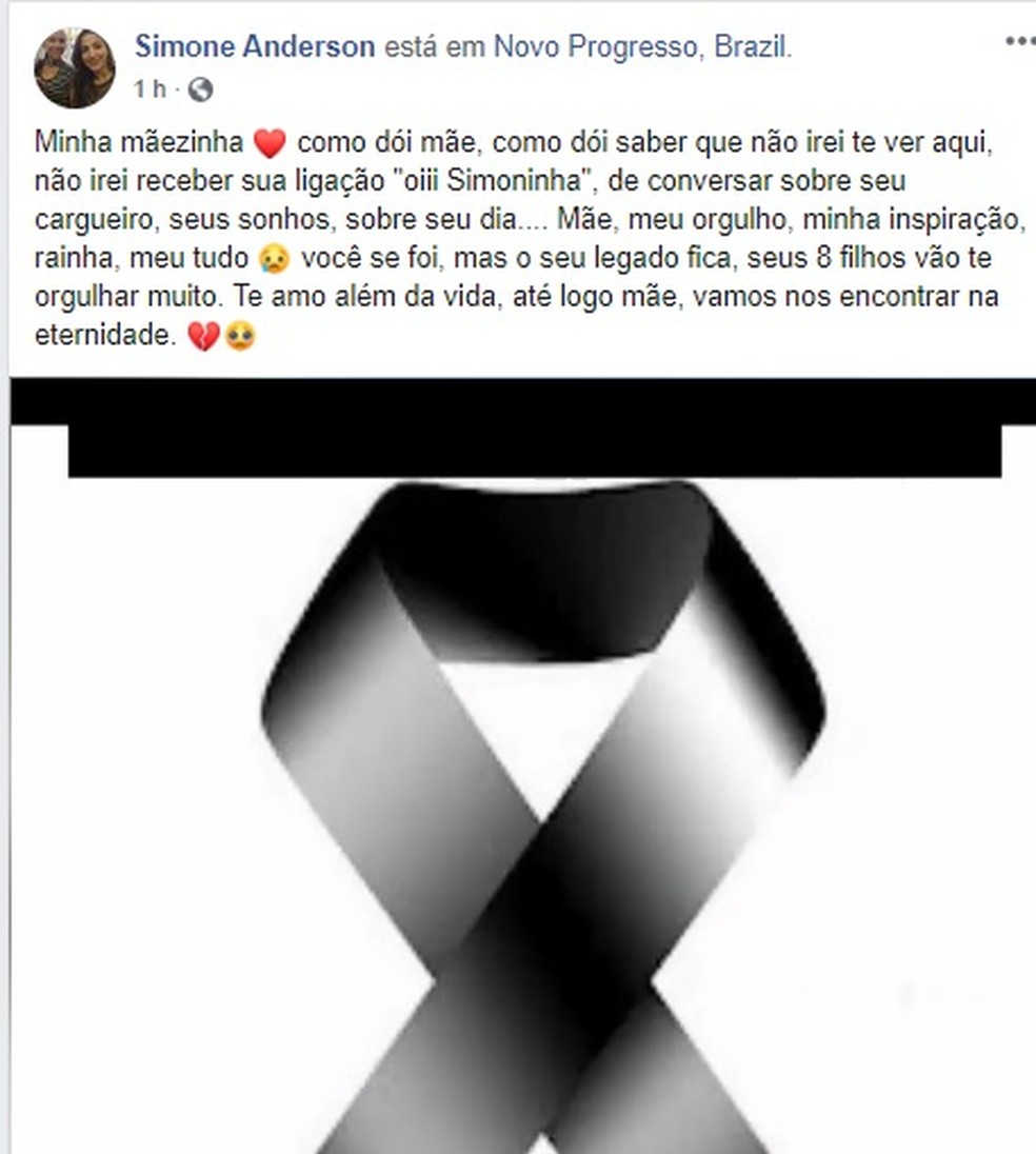 Filha postou uma mensagem lamentando a morte da mãe — Foto: Facebook/Reprodução