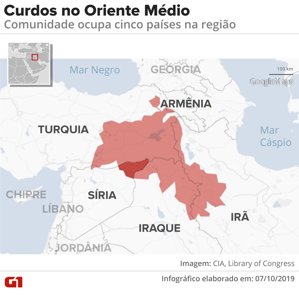 Mapa dos curdos no Oriente Médio — Foto: Wagner Magalhães/G1