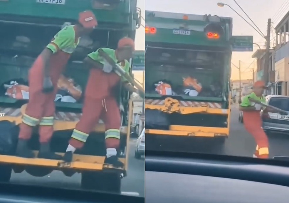 Nas imagens, o coletor de lixo simula estar armado e brinca com os colegas em Botucatu — Foto: Reprodução/Tik Tok