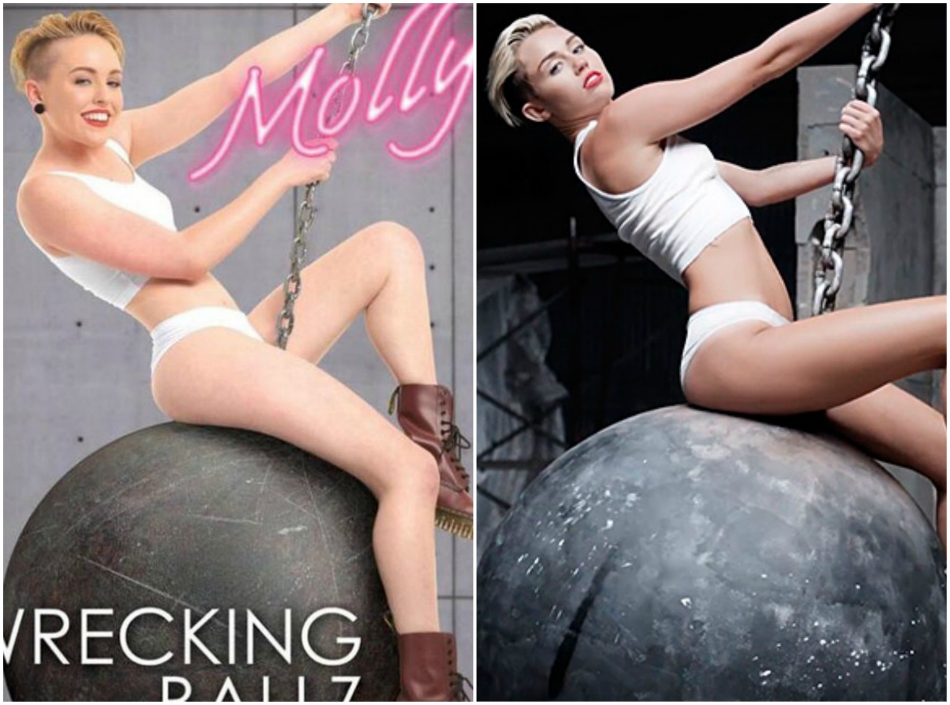 Detalhe do cartaz de 'Wrecking Ballz' (à esq.) e Miley Cyrus em cena do clipe de 'Wrecking Ball'. (Foto: Reprodução)