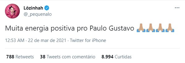 Pequena Lo repercute intubação de Paulo Gustavo (Foto: Reprodução/Twitter)