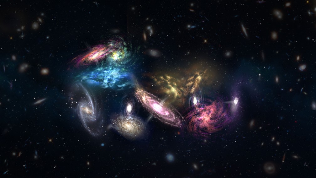 RepresentaÃ§Ã£o artÃ­stica das 14 galÃ¡xias observadas no universo distante. Essas estruturas devem se fundir com o tempo, afirmam pesquisadores  (Foto: NRAO/AUI/NSF; S. Dagnello)
